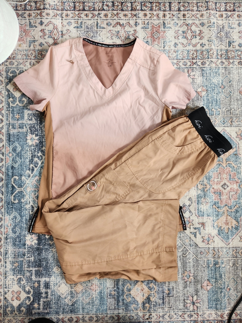 Koi Lite Pink/tan Ombre V-Neck Scrub Top & Tan Drawstring Scrub Pants Set